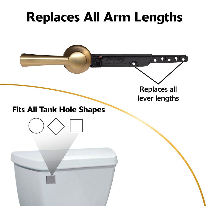 Korky 6094BP Toilet Handle and Lever, Universal Mounting, 12-1/2 in L Flush Arm, Plastic, Brushed Gold