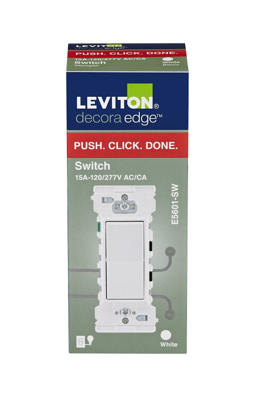 Decora Edge Series E5601-0SW Residential-Grade Rocker Switch, 15 A, 120/277 VAC, Side Lever Terminal, White