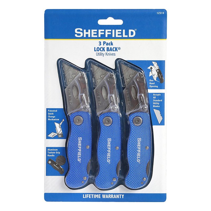 Sheffield 12514 Utility Knife, 2.4 in L Blade, 3-Blade, Textured Handle, Blue Handle