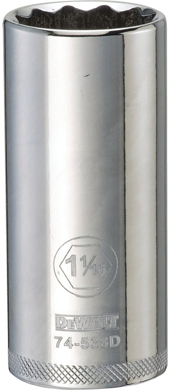 DEWALT DWMT74538OSP Drive Socket, 1-1/16 in Socket, Deep Socket, 3-1/8 in OAL, 1/2 in Drive, 12-Point, Vanadium Steel