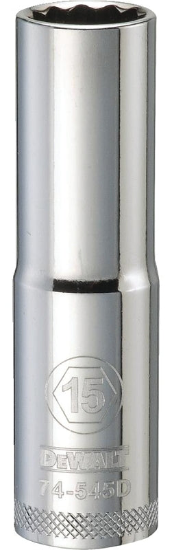 DEWALT DWMT74545OSP Drive Socket, 15 mm Socket, Deep Socket, 3-1/8 in OAL, 1/2 in Drive, 12-Point, Vanadium Steel
