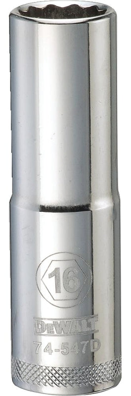 DEWALT DWMT74547OSP Drive Socket, 16 mm Socket, Deep Socket, 3-1/8 in OAL, 1/2 in Drive, 12-Point, Vanadium Steel