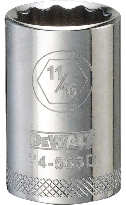 DEWALT DWMT74563OSP Drive Hand Socket, 11/16 in Socket, 1/2 in Drive, 12-Point, Steel, Polished Chrome Vanadium