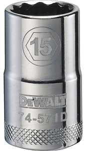 DEWALT DWMT74571OSP Drive Socket, 15 mm Socket, 1-1/2 in OAL, 1/2 in Drive, 12-Point, Vanadium Steel, Polished Chrome