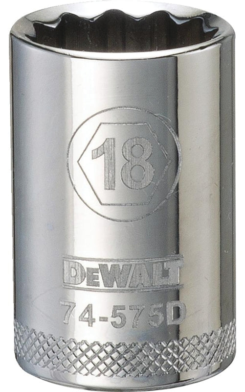 DEWALT DWMT74575OSP Drive Hand Socket, 18 mm Socket, 1/2 in Drive, 12-Point, Steel, Polished Chrome Vanadium