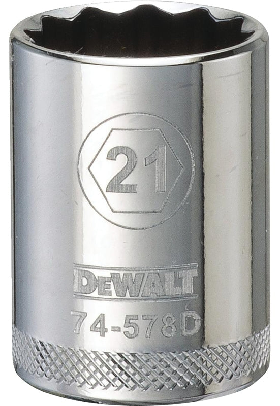 DEWALT DWMT74578OSP Drive Socket, 21 mm Socket, 1-1/2 in OAL, 1/2 in Drive, 12-Point, Vanadium Steel, Polished Chrome