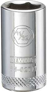 DEWALT DWMT86027OSP Drive Hand Socket, 11/32 in Socket, 1/4 in Drive, 6-Point, Steel, Polished Chrome Vanadium