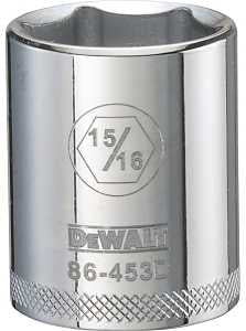 DEWALT DWMT86453OSP Drive Hand Socket, 15/16 in Socket, 1/2 in Drive, 6-Point, Steel, Polished Chrome Vanadium