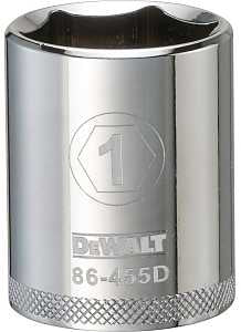 DEWALT DWMT86455OSP Drive Hand Socket, 1 in Socket, 1/2 in Drive, 6-Point, Steel, Polished Chrome Vanadium