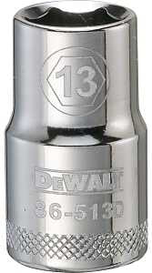 DEWALT DWMT86513OSP Drive Socket, 13 mm Socket, 1-1/2 in OAL, 1/2 in Drive, 6-Point, Vanadium Steel, Polished Chrome