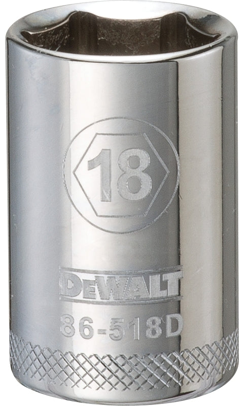 DEWALT DWMT86518OSP Drive Socket, 18 mm Socket, 1-1/2 in OAL, 1/2 in Drive, 6-Point, Vanadium Steel, Polished Chrome