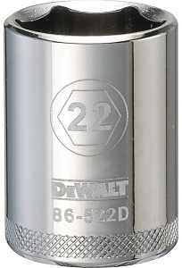 DEWALT DWMT86522OSP Drive Socket, 22 mm Socket, 1-9/16 in OAL, 1/2 in Drive, 6-Point, Vanadium Steel, Polished Chrome