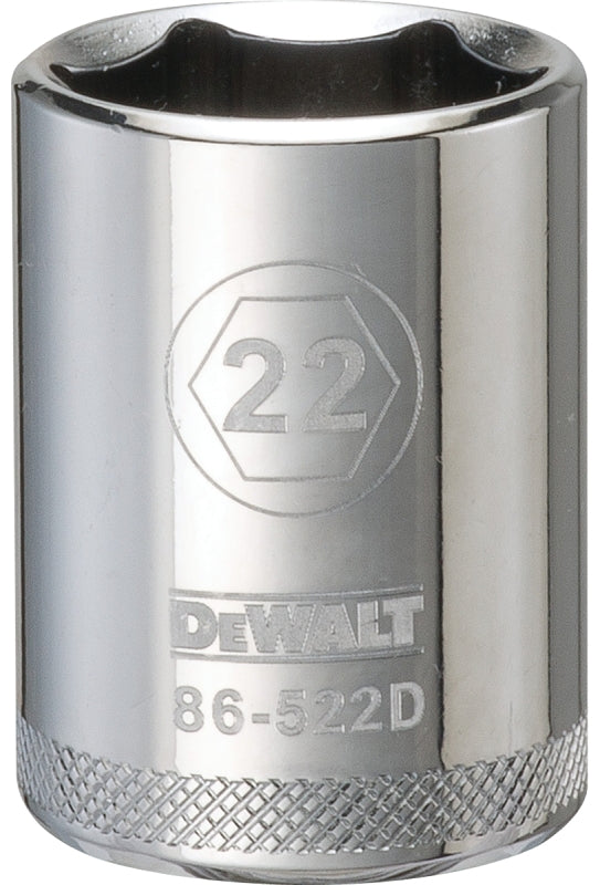 DEWALT DWMT86522OSP Drive Socket, 22 mm Socket, 1-9/16 in OAL, 1/2 in Drive, 6-Point, Vanadium Steel, Polished Chrome