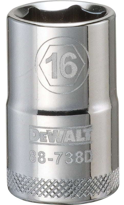 DEWALT DWMT88738OSP Drive Socket, 16 mm Socket, 1-1/2 in OAL, 1/2 in Drive, 6-Point, Vanadium Steel, Polished Chrome