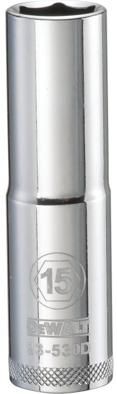 DEWALT DWMT93530OSP Drive Socket, 15 mm Socket, Deep Socket, 3-1/8 in OAL, 1/2 in Drive, 6-Point, Vanadium Steel