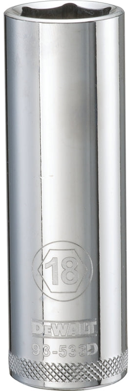 DEWALT DWMT93533OSP Drive Socket, 18 mm Socket, Deep Socket, 3-1/8 in OAL, 1/2 in Drive, 6-Point, Vanadium Steel