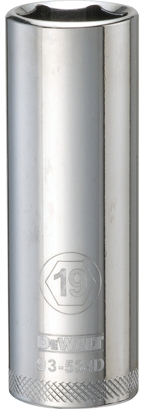 DEWALT DWMT93534OSP Drive Socket, 19 mm Socket, Deep Socket, 3-1/8 in OAL, 1/2 in Drive, 6-Point, Vanadium Steel