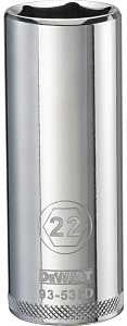 DEWALT DWMT93536OSP Drive Socket, 22 mm Socket, Deep Socket, 3-1/8 in OAL, 1/2 in Drive, 6-Point, Vanadium Steel