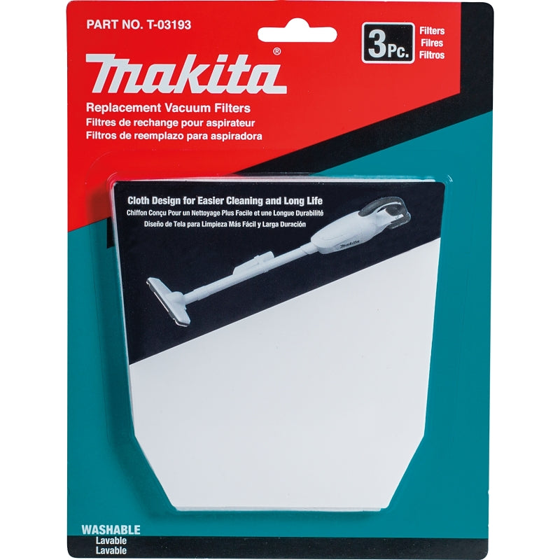 Makita T-03193 Cloth Vacuum Filter, For: Makita XLC02, LC01, BCL180 Cordless Vacuums, 3/PK