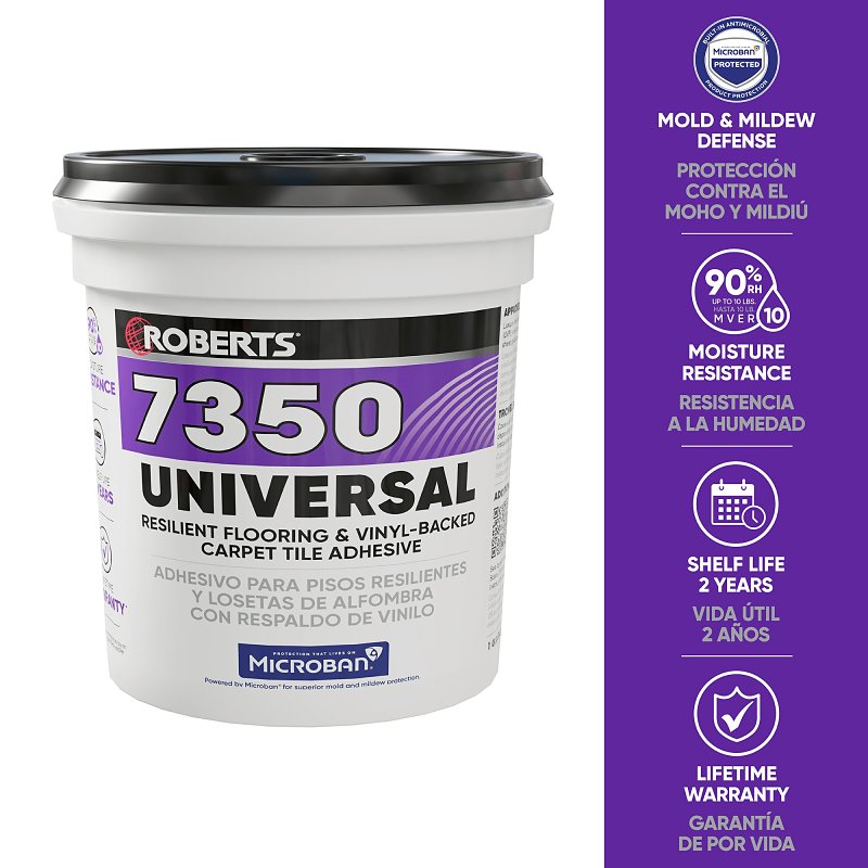 Roberts 7350 Series 7350RB004 Universal Flooring Adhesive, Paste, Resinous, Very Mild Acrylic, Off-White, 1 gal, Pail, Pack of 4