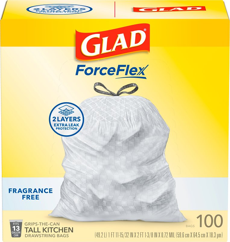 Glad ForceFlex Series 22540 Fragrance-Free Trash Bag, 13 gal, Plastic