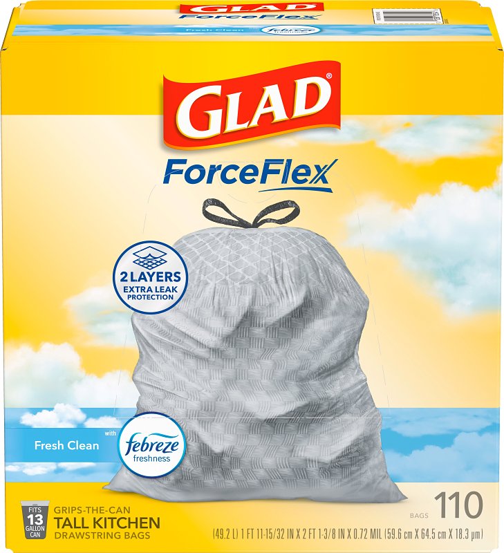 Glad ForceFlex Series 78554 Tall Kitchen Trash Bag, 13 gal, Polyethylene Resin, Gray
