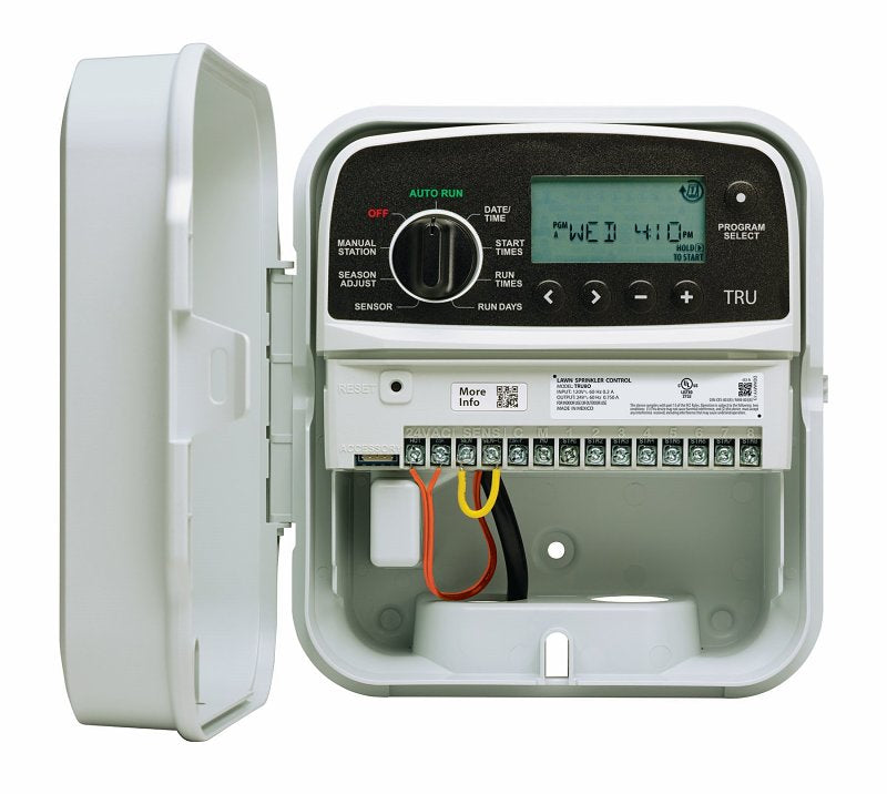 Rain Bird TRU Series TRU8O Programmable Irrigation Controller, 120 V, 8-Zone, 3-Program, Digital Display, Screw, White