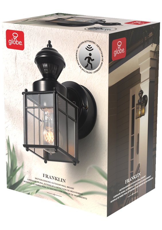 globe Franklin 60000001 Motion-Sensing Wall Lantern, LED, Black, Matte Black, Pack of 2