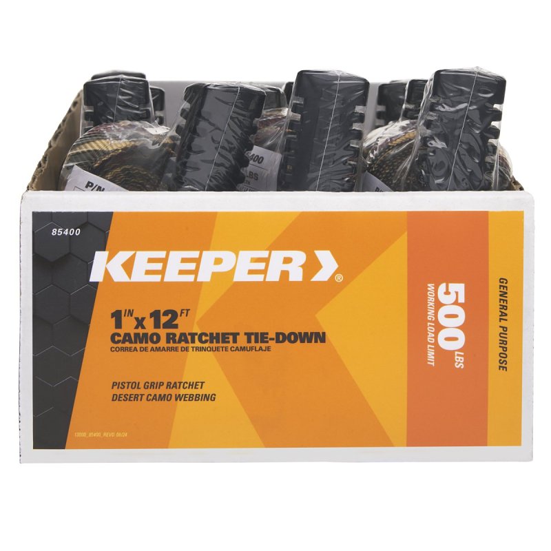 Keeper 85400 Tie-Down, Ratchet Adjustment, 1 in W, 12 ft L, Desert Camo, 500 lb Working Load, S-Hook End, 1/PK