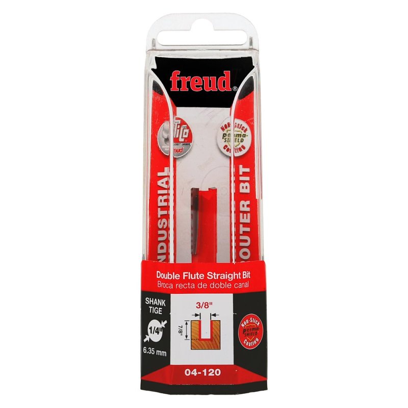 Freud 04-120 Double Flute Straight Bit, 3/8 in Dia Cutter, 7/8 in L Cutting, 1-7/8 in OAL, 1/4 in Dia Shank, 2-Cutter