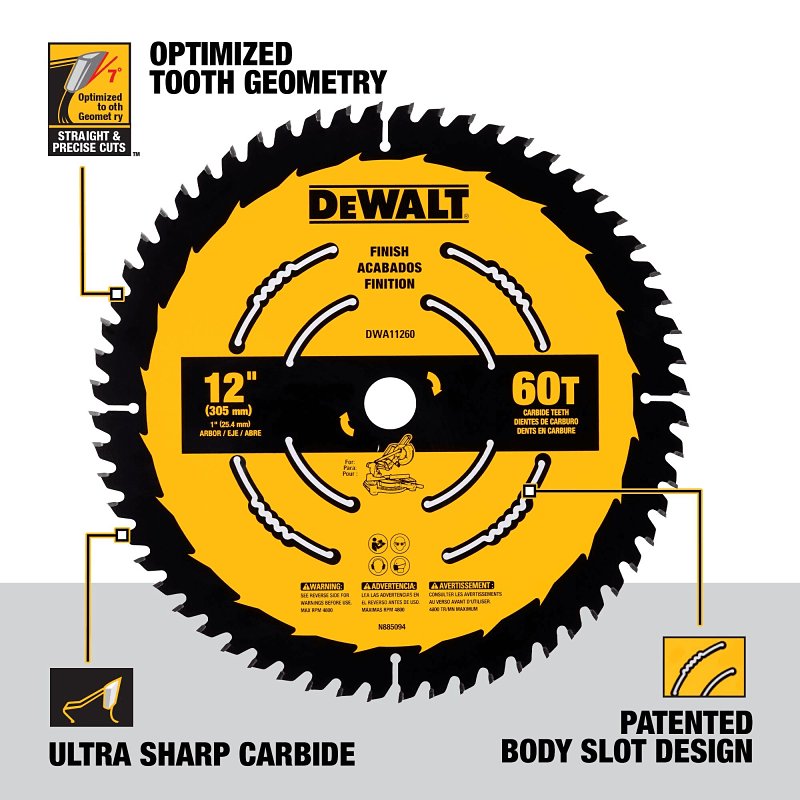 DEWALT DWA11260 Saw Blade, 12 in Dia, 1 in Arbor, 60-Teeth, Carbide Cutting Edge