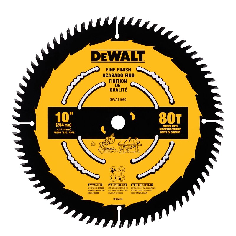 DEWALT DWA11080 Circular Saw Blade, 10 in Dia, 1 in Arbor, 80-Teeth, Carbide Cutting Edge, Applicable Materials: Wood