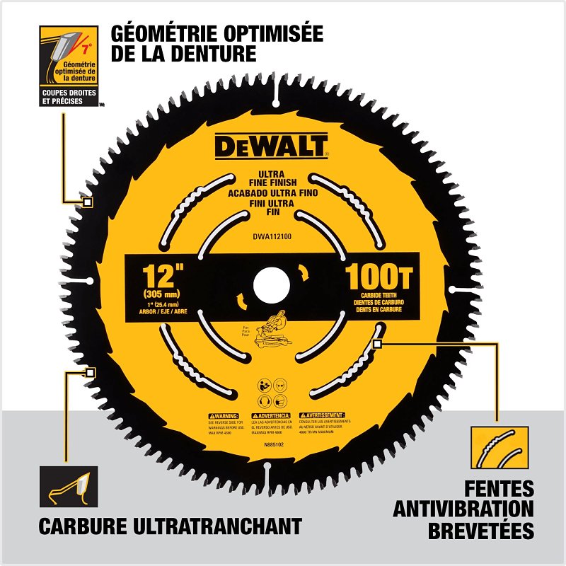 DEWALT DWA112100 Saw Blade, 12 in Dia, 1 in Arbor, 100-Teeth, Carbide Cutting Edge, Applicable Materials: Wood