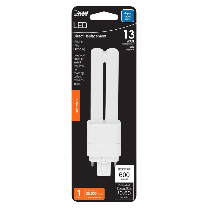 Feit Electric BPPLD13E827LED LED Bulb, PL Lamp, 13 W Equivalent, GX24q-1 4-Pin Lamp Base, Soft White Light