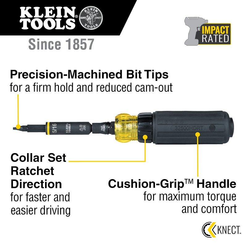 Klein Tools KNECT 32500HDRT 11-in-1 Screwdriver/Nut Driver, 3/8, 5/16, 1/4, 1/2 in Drive, 8 in OAL, Plastic Handle