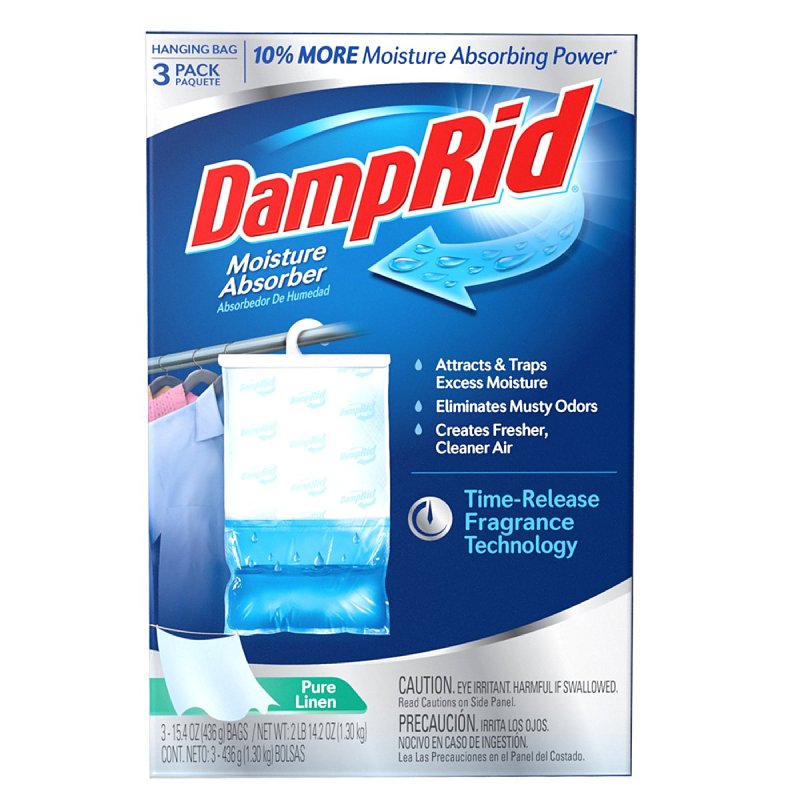 DampRid FG83PLSB Moisture Absorber, 15.4 oz Hanging Bag, Flake, Pellet, Odorless, Pure Linen, Pack of 4