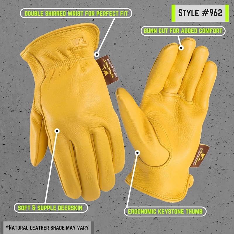 Wells Lamont 962-L Gloves, Men's, L, Keystone Thumb, Elastic Knit Cuff, Deerskin Leather, Gold/Yellow