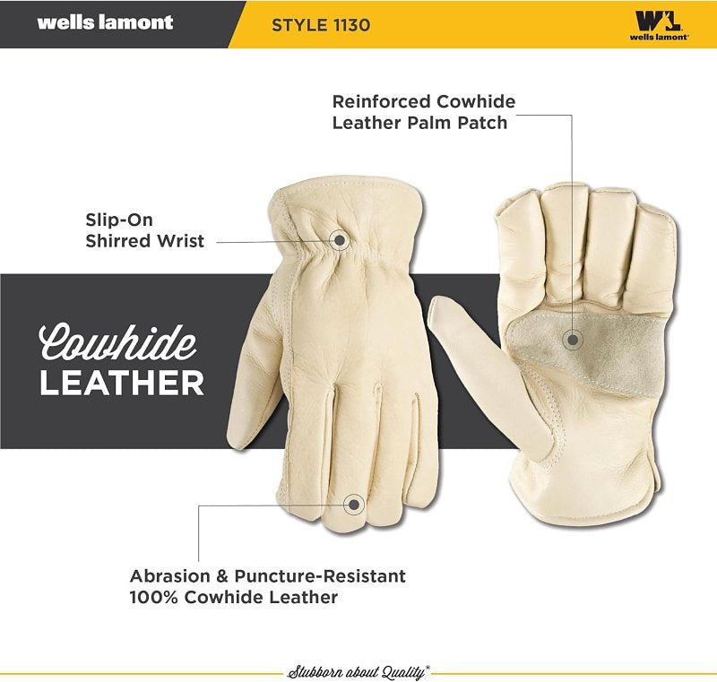 Wells Lamont 1130S Work Gloves, Men's, S, Keystone Thumb, Slip-On Cuff, Grain Cowhide Leather, White