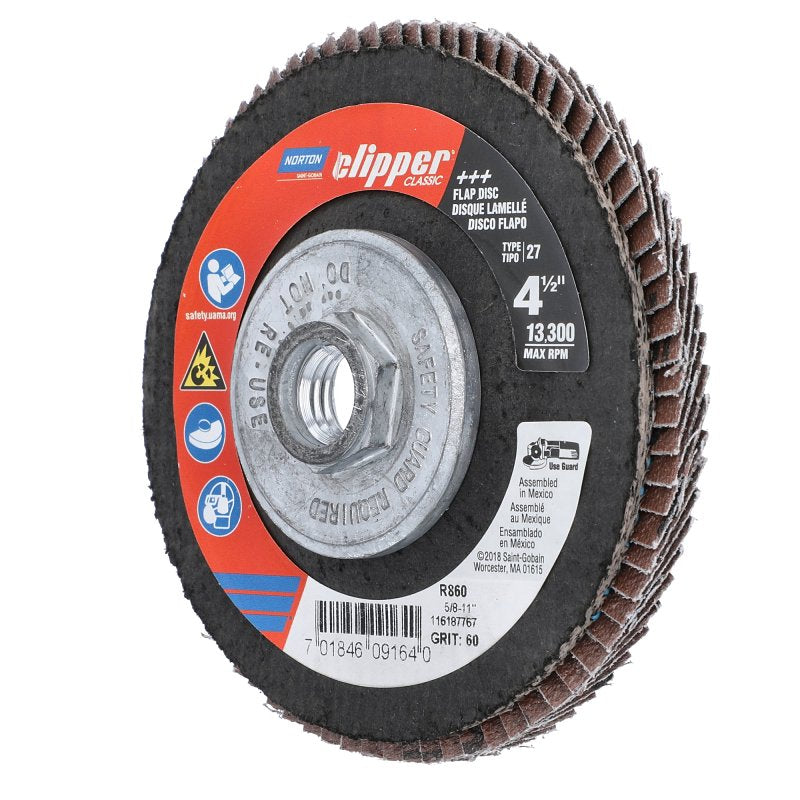Norton Clipper 70184609164 Flap Disc, 4-1/2 in Dia, 5/8-11 Arbor, 60 Grit, Coarse, Zirconia Alumina Abrasive