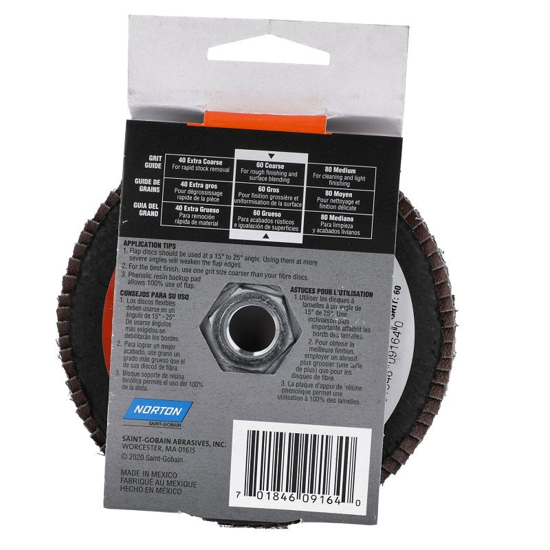 Norton Clipper 70184609164 Flap Disc, 4-1/2 in Dia, 5/8-11 Arbor, 60 Grit, Coarse, Zirconia Alumina Abrasive