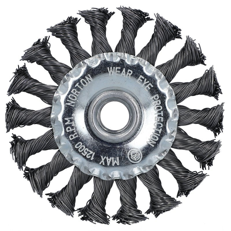 Norton 70184609154 Wire Wheel Brush, 4 in Dia, 5/8 in Arbor/Shank, Knotted Bristle, 0.02 in Dia Bristle