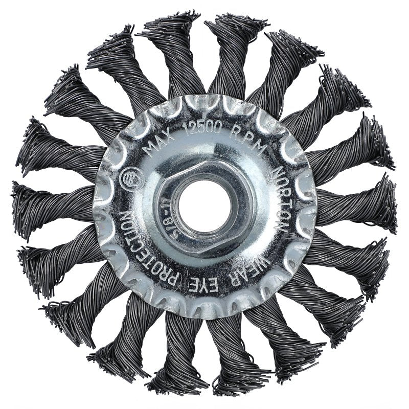 Norton 70184609154 Wire Wheel Brush, 4 in Dia, 5/8 in Arbor/Shank, Knotted Bristle, 0.02 in Dia Bristle