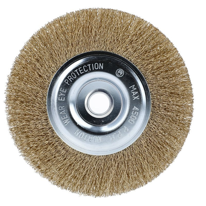 Norton 70184609161 Wire Wheel Brush, 6 in Dia, 1/2 in Arbor/Shank, Crimped Bristle, 0.012 in Dia Bristle