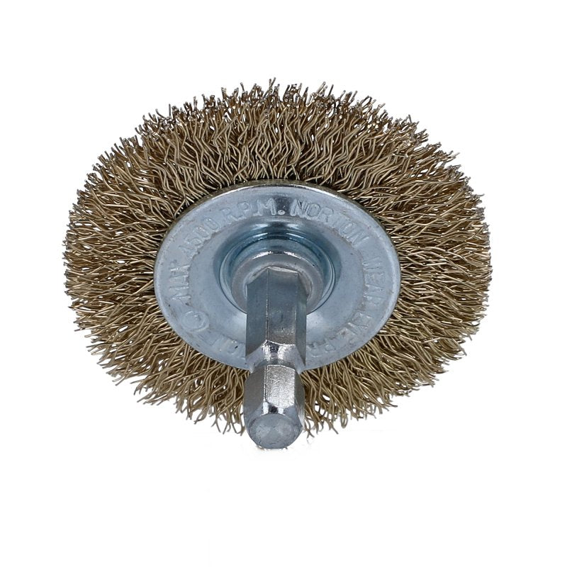 Norton 70184609160 Wire Wheel Brush, 2 in Dia, 1/4 in Arbor/Shank, Crimped Bristle, 0.012 in Dia Bristle