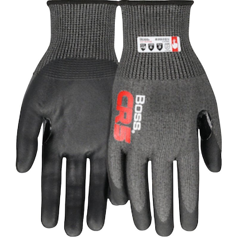Boss CR5 B35054-XL Gloves, XL, 8-3/8 to 8-3/4 in L, Reinforced Thumb, Elastic Cuff, Nitrile Coating, Nylon Glove, Black