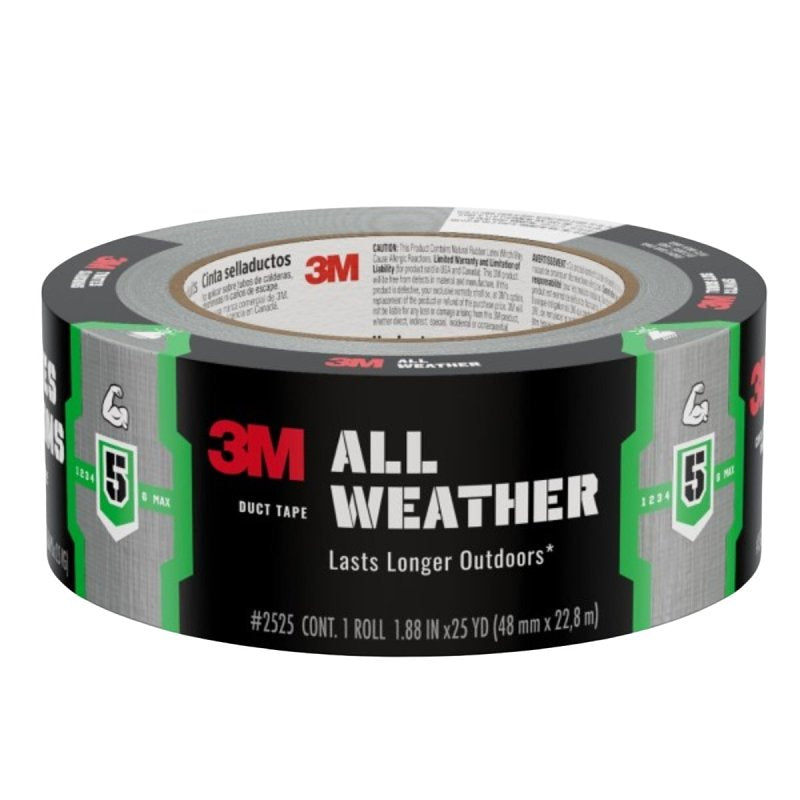 3M All Weather Series 2525-GRY Duct Tape, Solid, 25 yd L, 1.88 in W, Cloth Backing, Gray