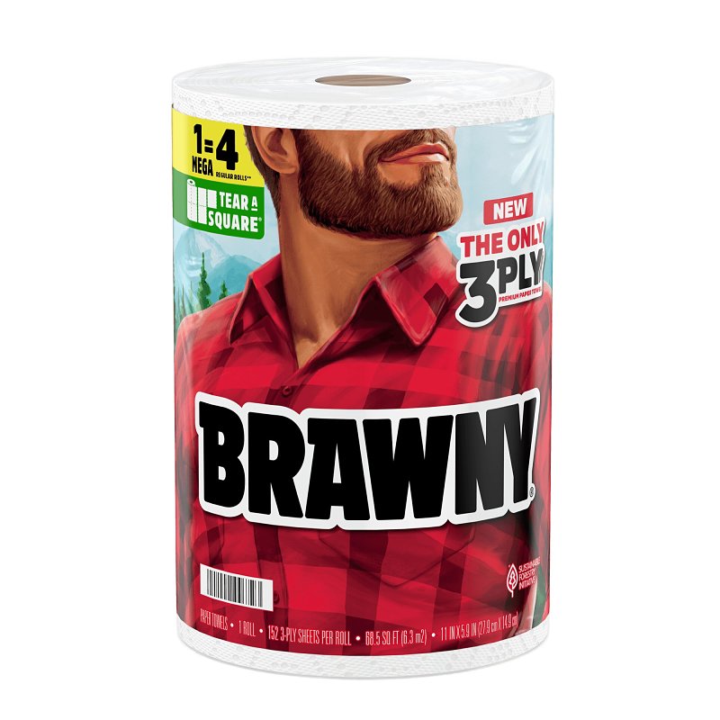 Brawny Tear-A-Square 44672 Paper Towel Roll, 3-Ply, Pack of 6