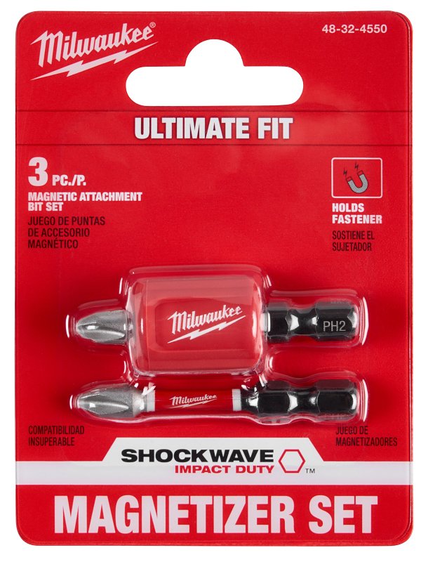 Milwaukee SHOCKWAVE Series 48-32-4550 Magnetic Attachment and PH2 Bit Set, 3-Piece, All-Purpose, Alloy Steel