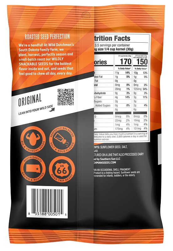 WILD Dutchman 50112 Roasted Sunflower Seed, Original Salted, 6.5 oz Bag, Pack of 12