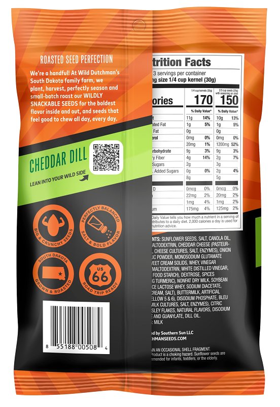 WILD Dutchman 508 Roasted Sunflower Seed, Cheddar Dill, 5.5 oz Bag, Pack of 12